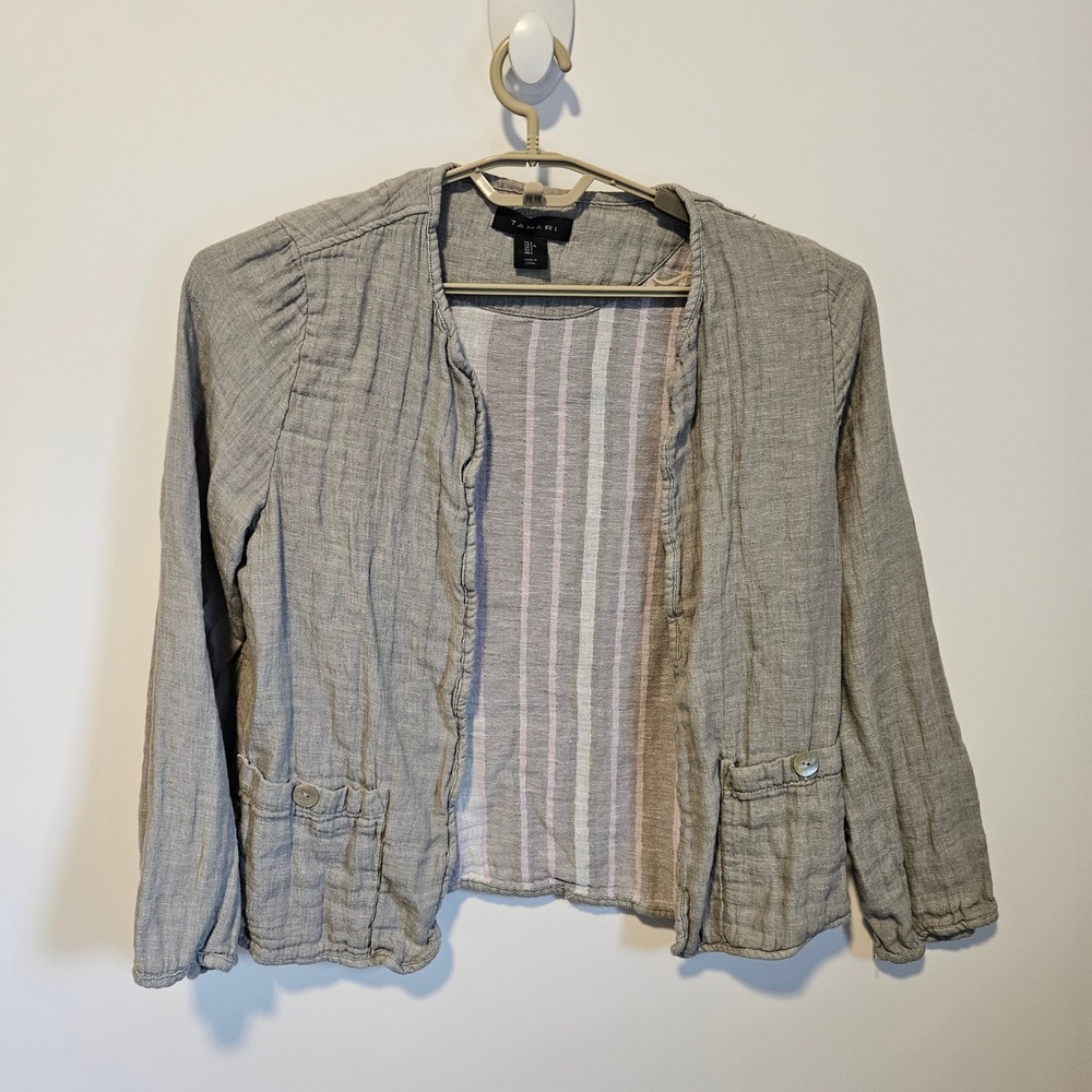 Tahari Open Front Jacket Cardigan Large Linen Cotton Blend Gray Coastal Grandma